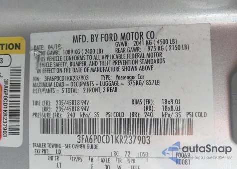 2019 Ford Fusion Sel из США, поврежденный, VIN 3FA6P0CD1KR237903